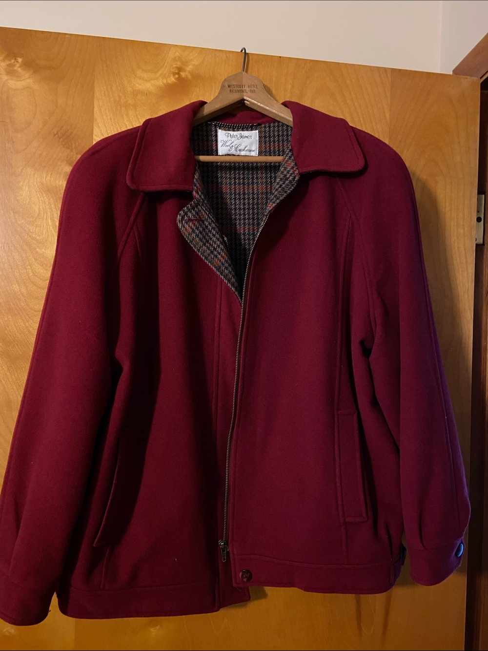 Men's Burgundy Wool-cashmere Blend Zip Peacoat Jacket